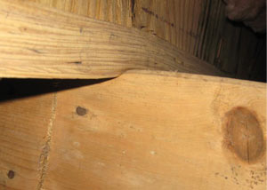 A failing girder showing signs of compression damage in a Deer River home